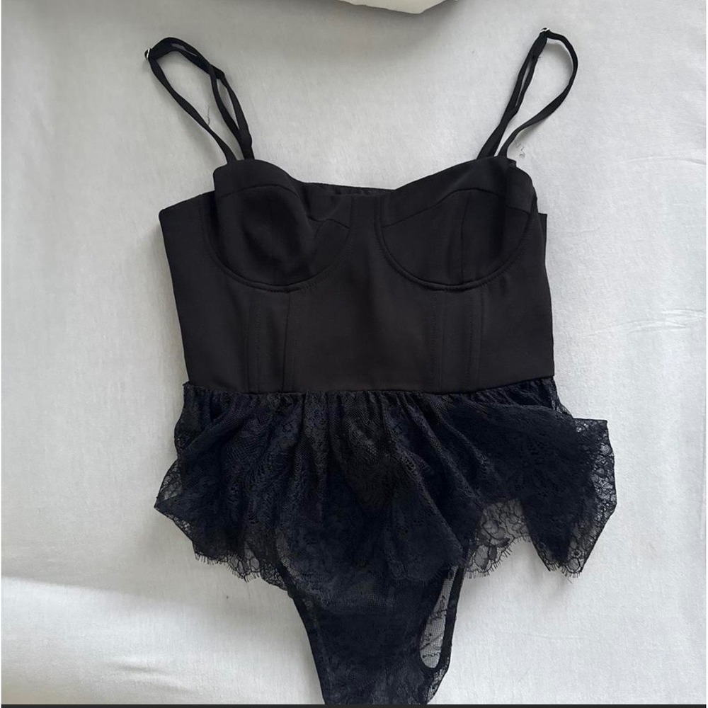 Dark Feminine Lingerie Inspired Black Lace Corset Bustier Peplum Bodysuit- M